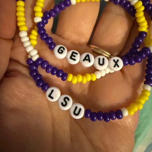 Handmade LSU Inspired Purple, Yellow, and White Beaded Bracelet Stack 7" - Picture 3 of 4